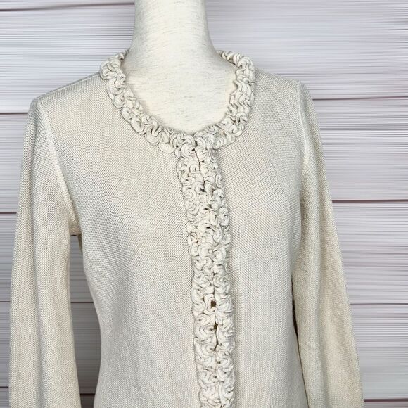 All Alpaca Ivory Cardigan Sweater Ruffle Details Hidden Button Closure M-L - Picture 7 of 14